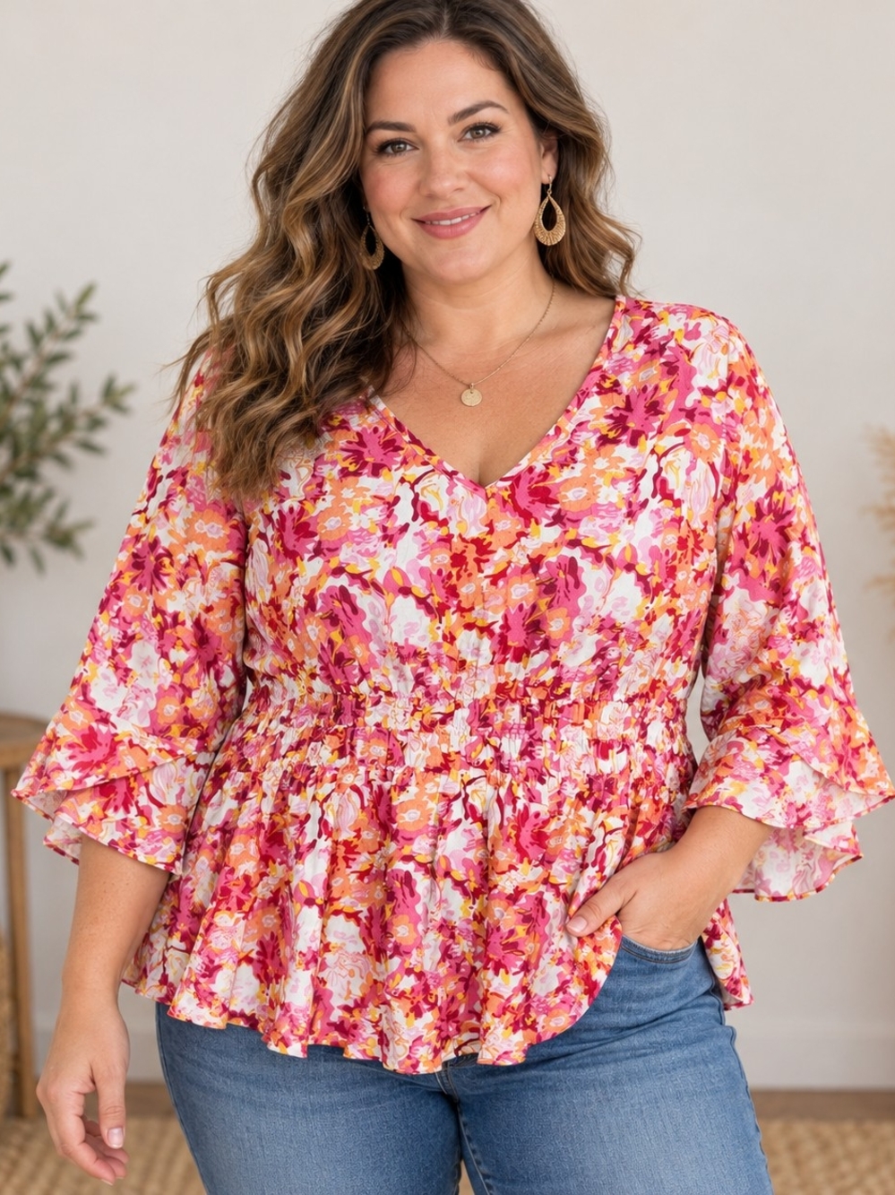 NEW Timeson XXL Floral Boho Peplum Blouse Contemporary Casual Cottagecore